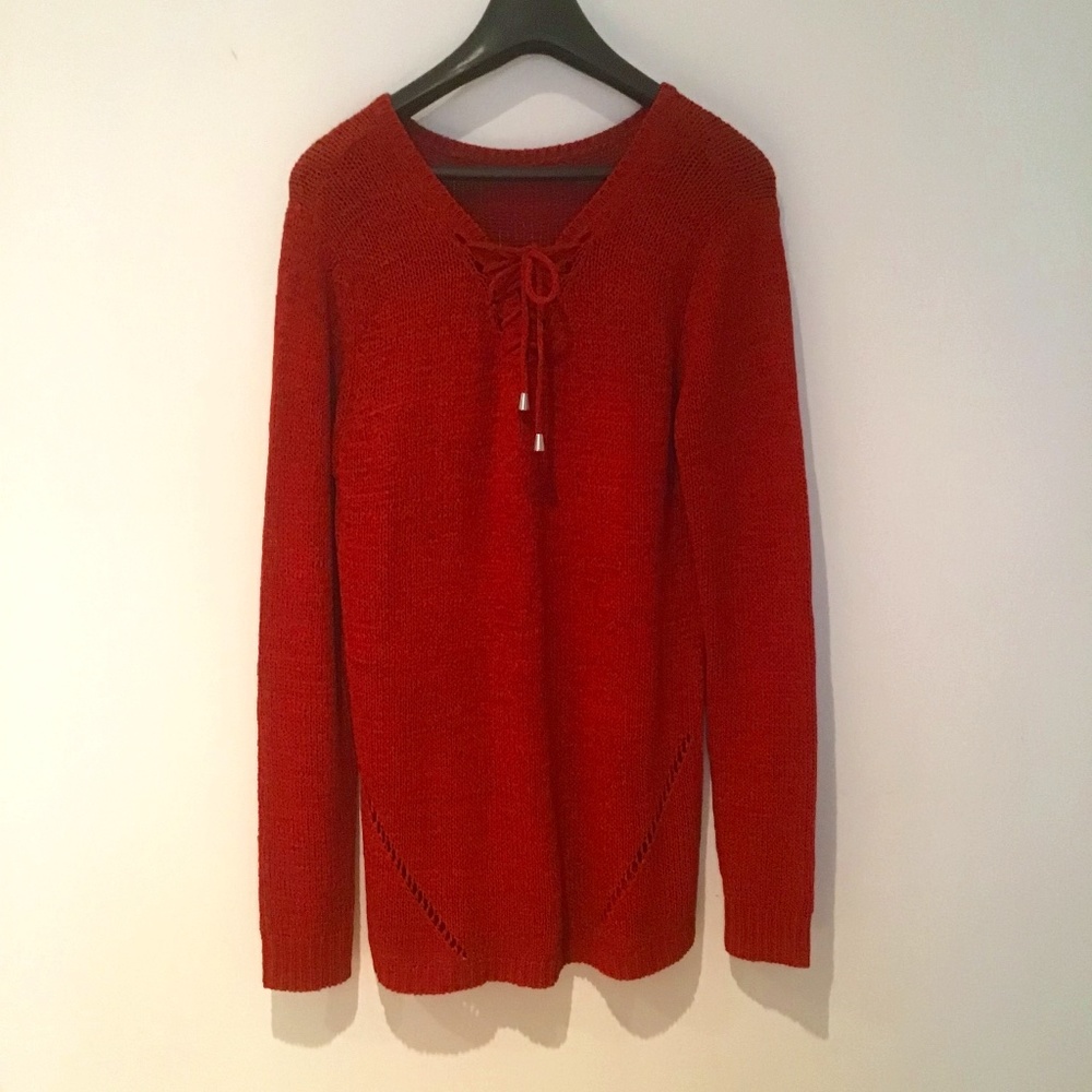 Red tunic length sweater